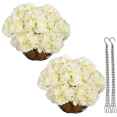 bellacat Real Touch Faux Hydrangea Flowers with 11" Hanging Basket, Fake Hanging Hydrangea Flowers with Realistic Flowers, Artificial Hanging Flowers for Outdoors Porch Patio Balcony (Beige, 2Pack) - color: Beige