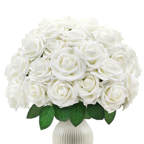 50Pcs Artificial Flowers Foam Fake Roses Ivory White with Stems,for DIY Wedding Bouquets White Bridal Shower Centerpieces Arrangements Party Tables Decorations and Home Decorations - color: 50-ivory