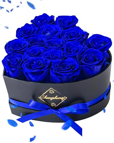 Changshunqi 16 Flowers Forever Preserved Roses in Box, Forever Flowers Womens Birthday Gifts for Women Mothers Blue Rose Gift for Her Romantic Eternal Real Rose for Women Mom Wife - color: Mystic Blue