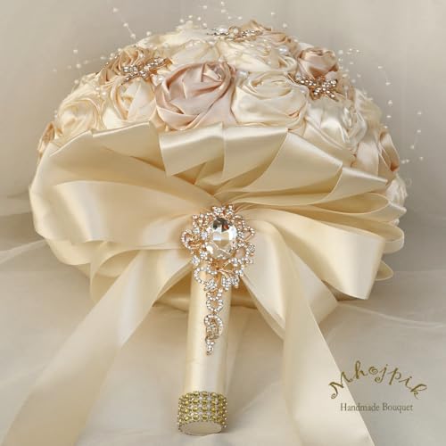 Handmade Wedding Flowers Bouquet Round Holding Bridal Bouquet Artificial Satin Roses Bunch for Bride Bridesmaid Wedding Quinceanera - color: Cream & Camel, size: Large (Dia. 9.8"/25cm)