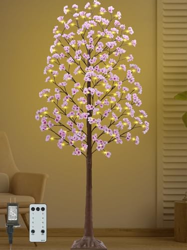 7FT Lighted Cherry Blossom Tree - Faux Artificial Light Up Pink Tree with 144 Lights, 432 Lush Flowers, Timer, Remote 8 Modes Cherry Blossom Tree for Spring Wedding Valentines Indoor Outdoor Decor - size: 7ft