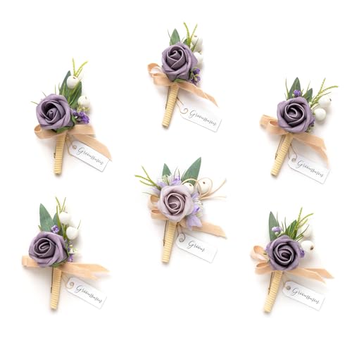 Ling's moment Boutonniere for Men, 6pcs Groom Groomsmen Boutonniere, Artificial Flowers for Wedding Decor/Prom/Homecoming, etc.Lilac Berry - color: Brn-lilac & Berry