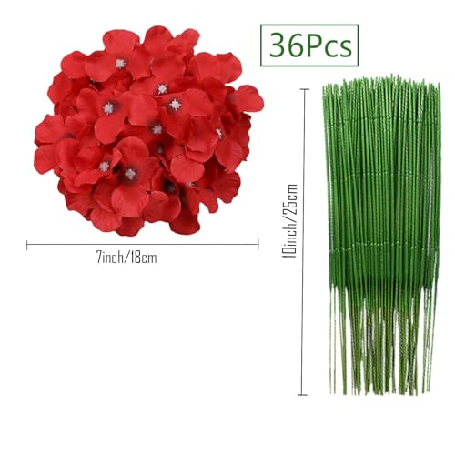FagusHome Silk Hydrangea Heads 36 Pcs Artificial Flowers Heads and 3 Dozens Stems Fake Hydrangea Flowers with Stems for Home Wedding Decor (Dark Red) - color: Dark Red