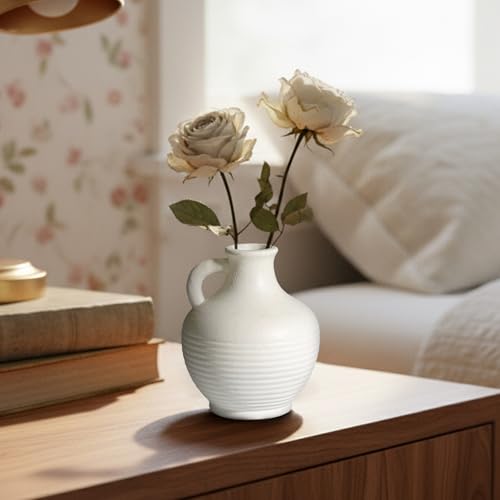 White Ceramic Vase, Rustic Farmhouse Vase with Handle, Pottery Vases for Flower, Farmhouse Decor, Centerpiece Table Decorations, 6 inch - color: Rustic White - 6, size: 6 Inch