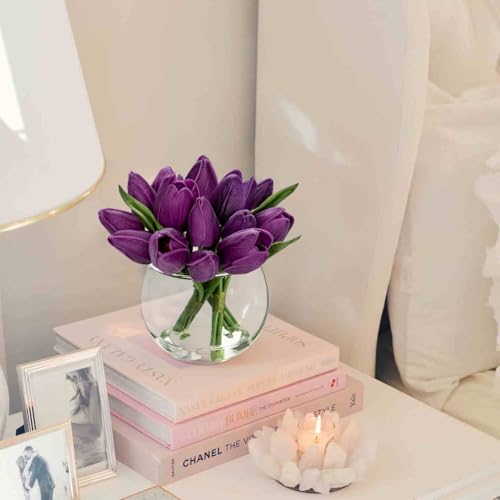DILATATA Artificial Purple Tulips in Vase with Faux Water 6" Real Touch Flowers Fake Tulips Small Flowers Arrangement in Round Glass Vase for Mother's Day Table Centerpiece Wedding Home Decor - color: Round Vase/Purple/1 Set