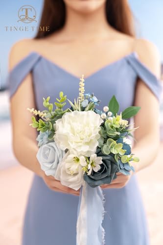 TINGE TIME 7 Inch Artificial Flowers Wedding Bouquets for Bridesmaid, Set of 4, Dusty Blue Bride Tossing Bouquet for Rustic Wedding Ceremony Bridal Shower Rehearsal Dinner Vintage Party - color: Dusty Blue & White