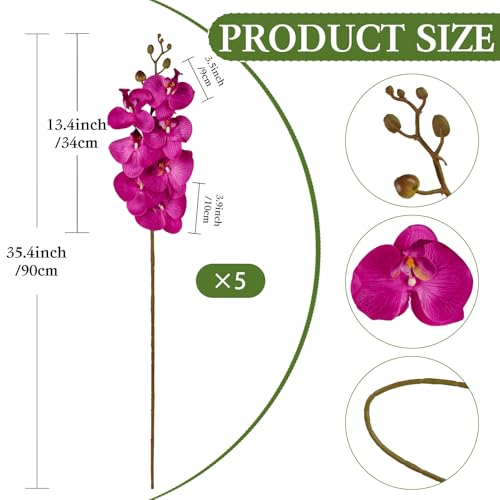 Hot Pink Artificial Orchids Flowers 5PCS Faux Orchid Stems 35.4" Phalaenopsis Branches for Tall Vase for Bridal Shower Home Party Wedding Decoration (Hot Pink) - color: Hot Pink