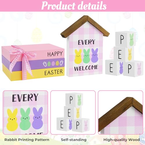Nuvagiki 8PC Easter Wooden Book Stack Decor - Spring Bunny Stack for Shelf/Mantel, Farmhouse Decor with Pastel Wooden Books, Easter Gift Set - color: Easter Pink