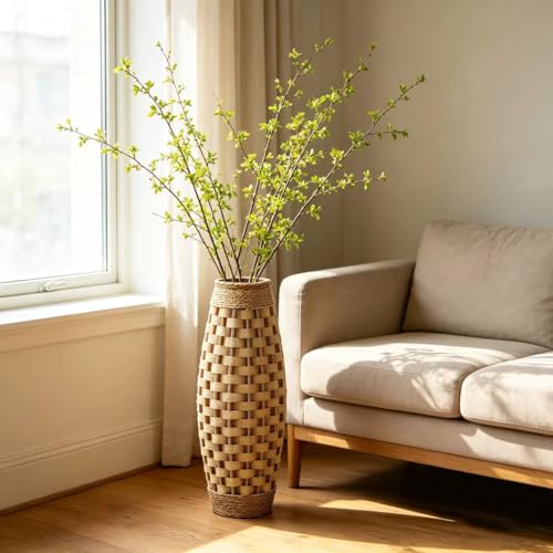Hosley 24” Tall Woven Floor Vase – Natural Wood & Grass Decorative Vase for Home Décor, Floral Arrangements, Entryway, Living Room - color: Natural
