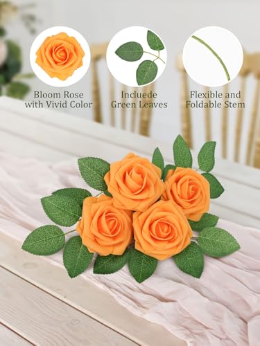 MACTING Artificial Rose Flowers 30PCS Real Touch Fake Flowers with Stem Faux Foam Roses for DIY Wedding Bouquet Table Centerpieces Party Bridal Shower Home Thanksgiving Fall Decorations,Orange - color: Orange-1, size: 30PCS