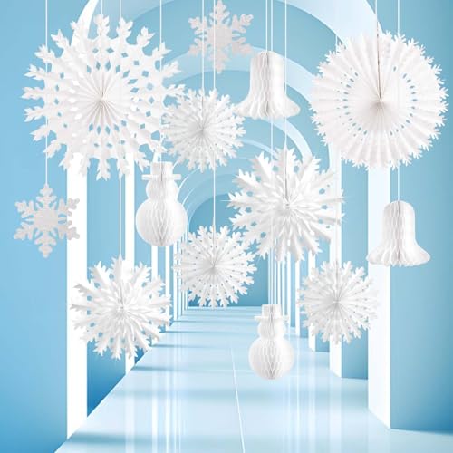 PAPER JAZZ 13 PCS Christmas Snowflake Decorations,White Paper Snowflake Hanging Ornaments,Christmas Honeycomb Decorations with Paper Fan/Garland/Snowman for Ceiling/Wall,Winter Wonderland,Winter Decor - color: Paper Snowflake