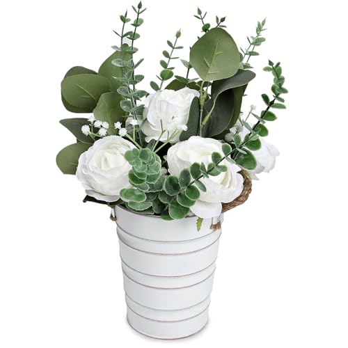Artificial Flowers in Pot - 10 Inches Pre-Made Large Faux Silk Rose Floral Greenery Table Centerpieces with Rustic Tall Metal Vase for Farmhouse Home Decoration - White - color: White, size: 1 X Flowers Table Centerpiece