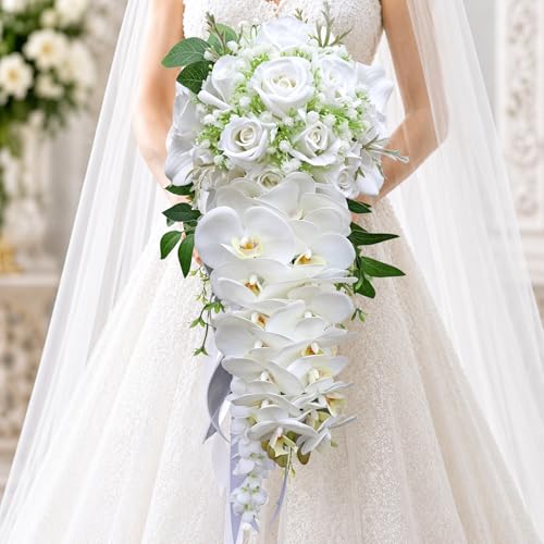 LeCoirrax Bridal and Bridesmaid Wedding Bouquet, White Calla Lily 11.8in x 27.5in Bridal Bouquet Stacked Silk Flowers for Ceremony Anniversary