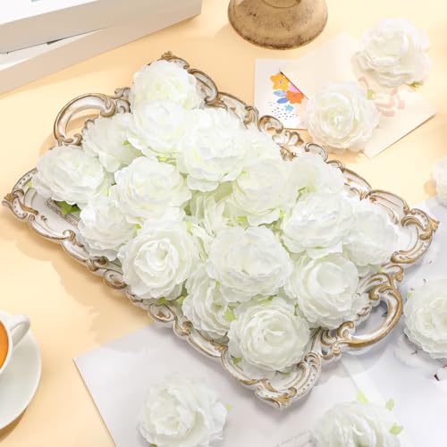 Thiccywoov 50 Pcs Artificial Flowers, 3.2 Inches Silk Rose Head Flowers Fake No Stem for Wedding Bridal Bouquet Home Floral Decor DIY Centerpieces Arrangements Party Tables Decoration(White) - color: White