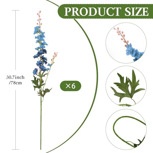 6 PCS Blue Delphinium Artificial Flowers, Long Stem Artificial Flowers with Bendable Stems, Silk Larkspur for Tall Vase Home Garden Wedding Table Decor - color: Blue