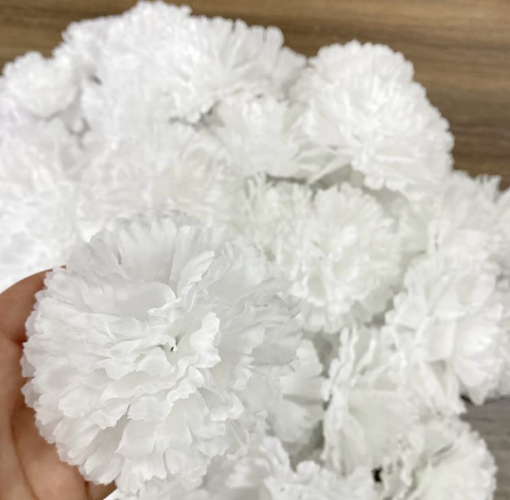 Rikyo 50 Artificial Silk Carnation Flower Head with Stems Set,Vase Fillers for Bridal Wedding Party Birthday Cake Ornaments,DIY Wrist Corsage, 3" Multiple Petals Heads (Pure White) - color: Pure White