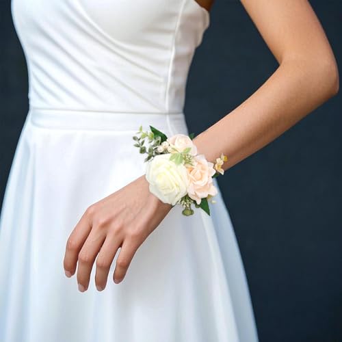 2 Pcs Wrist Corsage for Wedding Light Champagne Wrist Flower Bridal Wristband Flowers Corsages for Women Girls Mother of Bride Prom Anniversary Party Decorations