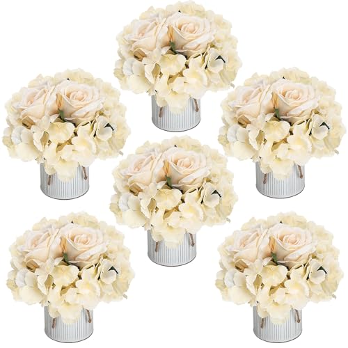 Flower Table Centerpieces - Set of 6 Floral Arrangement Artificial Wedding Hydrangeas Floral Arrangement with Rustic Metal Vase for Bridal Tea Party Event Decorations - Champagne - color: Champagne