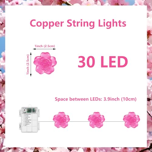 Curyidy Rose Flower String Lights Pink Floral Garland with Fairy Lights | 30 LED Copper Lights, Remote Control, Battery Operated, Vine Lamp, Bedroom, Wedding, Christmas,Valentines Day Decoration