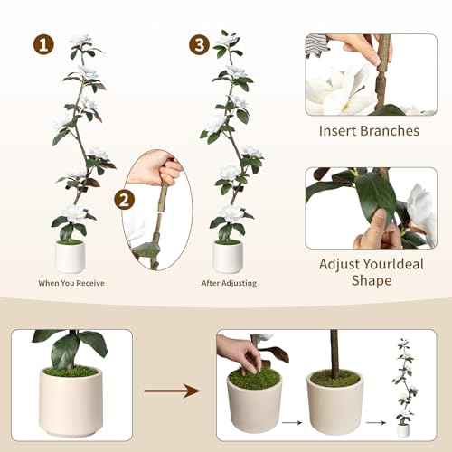 Rubber Tree 4.6 FT Artificial Magnolia Tree in Planter Pot, Faux Plants Indoor Faux Floor Plant Artificial Plants with 7 Pcs Calla Lily Flowers for Home Office Living Room Decor Indoor - color: Rubber Tree White