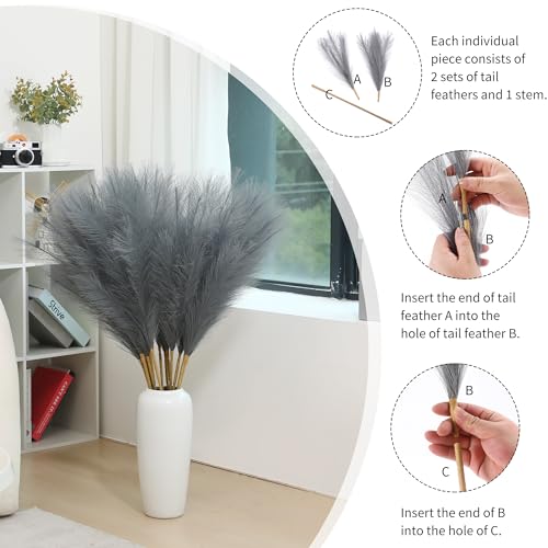 Wertuirk 9 Stems Grey Pampas Grass - 38 Inch Tall Faux Pompous Grass Bulk, Large Artificial Pompas Floral for Vase Filler, Wedding Flower Arrangement and Home Decor (Grey) - color: Grey