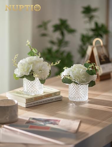 NUPTIO Small Fake Flower in Vase: 2 Pcs Silk Artificial Flowers with Clear Glass Vases for Living Room Bathroom Office Decor - Faux Rose Mums Floral Arrangements Wedding Dining Table Centerpiece - color: Clear, size: 2pcs