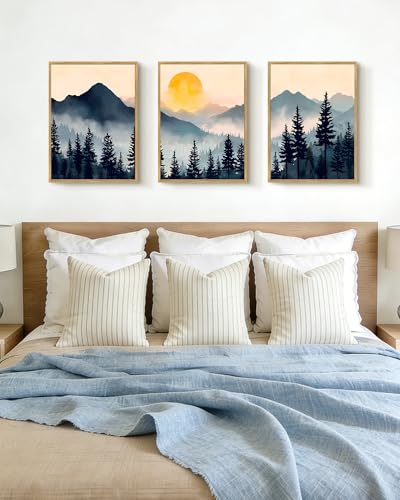 PHOPAGO Blue Fog Pine Tree Mountain Landscape Framed Wall Art Retro Watercolor Nature Misty Forest Artwork Paints Sun Rise Rustic Farmhouse Home Decor - 12x16in Natural Framed - color: Blue Mountain, size: 16L" x 12W" x 3 Pcs Natural