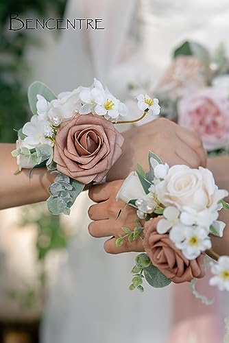 Dusty Rose Corsages for Wedding(Set of 6),Corsages for Prom,Party Prom Hand Flower Decor,Mother of The Bride Corsage,Bridesmaid Wrist Corsage - color: Dusty&cream