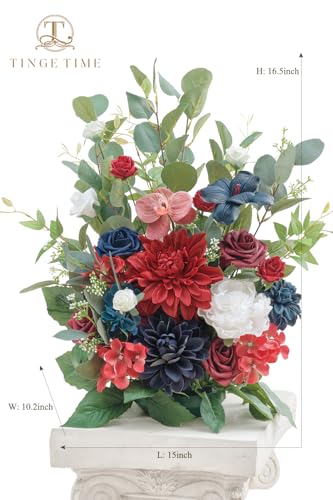 TINGE TIME Free-Standing Artificial Flower, Set of 2, Table Centerpiece with Rubber Pad, Silk Fake Flower for Wedding Centerpiece Archway Aisle Welcome Entrance (Red&NavyBlue) - color: Red&navyblue