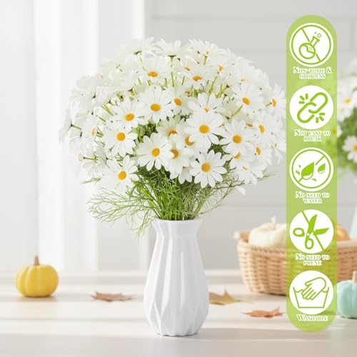 Giegxin 100 Pcs Artificial Daisy Flowers Bulk Realistic Fake Daisies Faux Wildflower Daisy UV Resistant Silk Fake Flowers Plants for Outside Wedding Garden Home Table Decor (White) - color: White