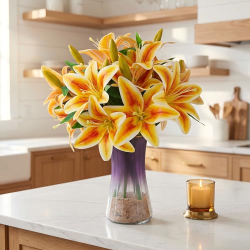ATFL Artificial Lilies Flowers,9 Pcs Faux Lily Flowers,16''Tiger Lily Branches with 2 Full Blooms and 1 Bud,Faux Fake Lilies Plants for Wedding Bouquet Floral Arrangements (9, Orange) - color: Orange