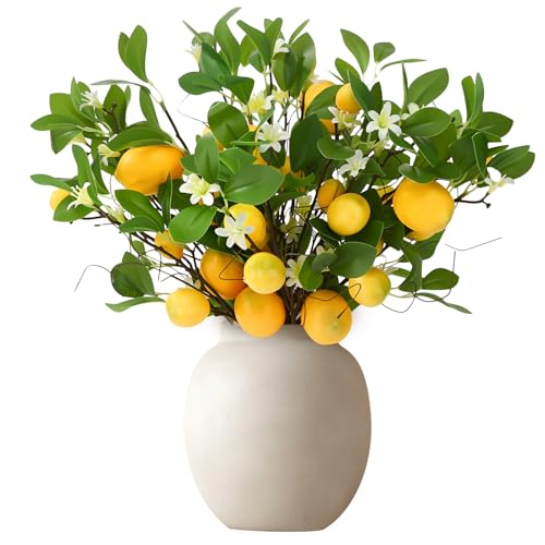 4 Pack Artificial Lemon Branches 8 Heads Per Stem Faux Lemons with Leaves Kitchen Table Centerpiece Decor Fake Lemon Tree for Vases Farmhouse Party Summer Home Yellow Decorations
