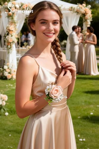 Serwalin Champagne Corsage and Boutonniere Set, Prom Flower Wrist Corsage Bracelets, Homecoming Roses Corsage Wristlet and Men Boutonniere for Wedding Flowers Accessories Prom Suit Decorations - color: Champagne, size: 1 Boutonniere & 1 Wrist Corsage - 2p
