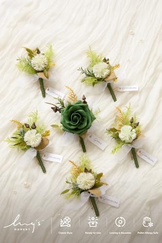 Ling's moment Boutonniere for Men, 6pcs Groom Groomsmen Boutonniere, Artificial Flowers for Wedding Decor/Prom/Homecoming, etc.Emerald Green Beige - color: Grn-emerald Green & Beige