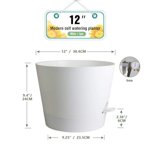 Meowell 12 inch Large Self Watering Pots for Indoor Outdoor Plants, Flower Plant Pots with Mesh Drainage Holes for Garden House, Plastic Planters with Reservoir for Home, White - color: White, size: 12inch A
