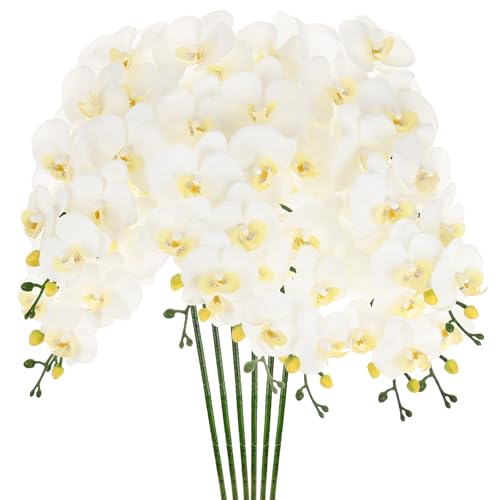 M METERXITY 6-Pack Artificial Orchid Flowers 9 Large Petals 37 Inch Faux Phalaenopsis Silk Bouquets Real Touch White Fake Orchids for Home/Wedding/Christmas/Party/Garden Office - color: White