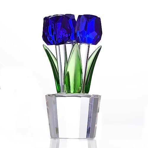 Qianwei Crystal Tulips Flowers Figurine Blue with Vase - Glass Flower Bouquet Collectible Figurines Crystal Office Home Decor Paperweight - Tulip Gifts for Women Mom Bestfriend Wedding Anniversary - color: Blue Tulip