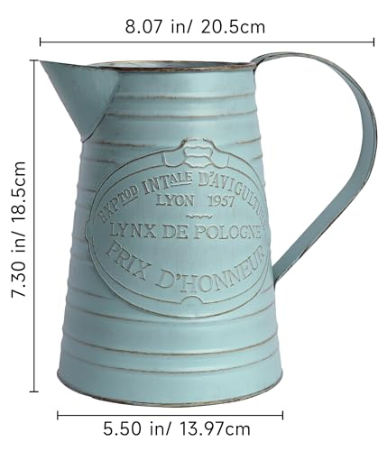 Yoillione Vintage Blue Metal Pitcher Vase, French Country Decorative Jug for Flowers, Rustic Farmhouse for Home Kitchen Decor - color: Lake Blue, size: Small