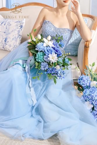 TINGE TIME 13 Inch Wedding Bouquets for Bride,Bridal Bouquet for Bride, Artificial Silk Flowers for Wedding Ceremony and Anniversary (Provence Blue) - color: Provence Blue
