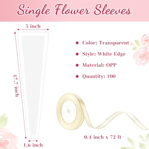 Mauproy 100Pcs Single Rose Sleeves with White Edges, Single Flower Bags with Ribbons Plastic Flower Wrap for Graduation, Flower Bars, Florist Supplies - color: White Edges