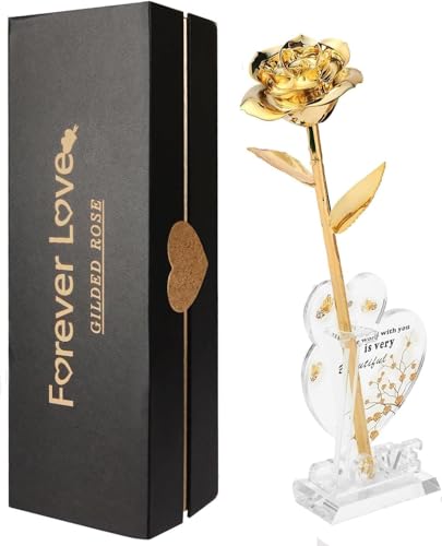 Gold Rose 24K Plated Gold Dipped Rose,Genuine One of a Kind - Forever Flower -Preserved Rose,Romantic Gift for Valentine's Day and Mothers Day, Anniversary, Birthday,Gifts for Her,Wife,Girlfriend - color: Gold Rose（with Heart-shaped Stand）