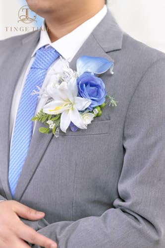 TINGE TIME Luxury Groom Boutonniere for Wedding, 1 PCS Pocket Boutonniere for Men, Artificial Corsage for Wedding, Prom, Homecoming, Anniversary, Graduation, Christmas Dinner (Provence Blue B) - color: Provence Blue B