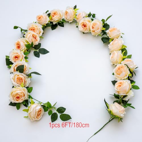 2Pcs 12Ft Bendable Artificial Flower Garland Faux Rose Vine Hanging Floral Garland for Wall Decor Trellis Fence Home Room Garden Wedding Decoration(Champagne) - color: Champagne, size: 2pcs