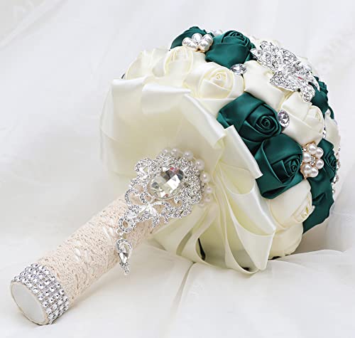 Sharebeauty 7.9 Inch Handmade Satin Rose Bridal Bouquet Toss Round Wedding Bouquet Throw Toss Artificial Flower Bunch Deep Green + Ivory - color: W3217d25 Deep Green/Ivory