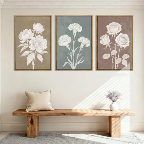 BINCUE Boho Floral Wall Painting Framed Botanical Wall Art Decor Flower Print Flower Artwork Floral Art Prints Flowers Pictures for Living Room Bedroom Dining Room Farmhouse 16x24 Inch Set of 3 Gift - color: Boho Neutral Floral, size: 24"L x 16"W