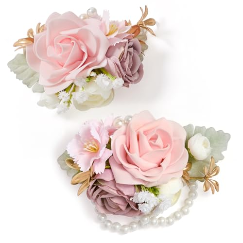 Rose Pink Corsage and Boutonniere Set for Wedding Prom(Set of 2),Artificial Flower Wrist Corsage Bracelets for Women Homecoming,Boutonniere for Men Suit Decorations Party Anniversary - color: Pink, size: 1 Corsage & 1 Boutonniere