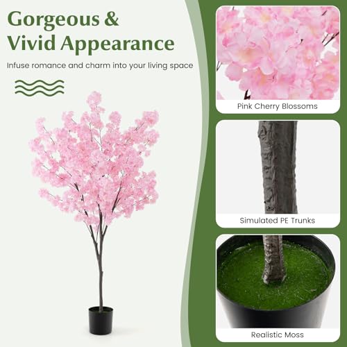 Goplus 6.5FT Artificial Cherry Blossom Tree, Pink Fake Flower Tree, Faux Floral Plant Blooming Tree in Cement Pot, Tall Potted Artificial Tree for Indoor Outdoor Office Home Porch Decor
