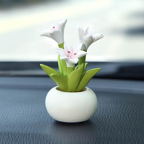 Resin Lily Flower with Pot Mini Artificial Lily Potted Plant Resin Flowers Figurines for Car Dashboard Bathroom Home Office Kitchen Rustic Table Centerpiece Shelf Decor,White - color: Lily