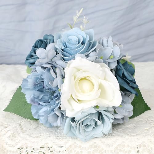 Artificial Bridesmaid Bouquets Set of 6-7 Inch Silk Bouquets for Bridesmaids, Pre-Made Small Wedding Bouquet Fake Flowers for Bridal Shower, Table Centerpieces, PartyDecor - Dusty Blue - color: Dusty Blue, size: 6pcs Bouquets