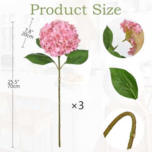 Large Real Touch Hydrangea Artificial Flowers with Stems, 8" Full Bloom Fresh Touch Faux Hydrangea Bouquet for Vase Decor, Wedding Centerpieces, Home Table Arrangement 25.5” Tall Pink Hydrangeas - color: Lpink-l